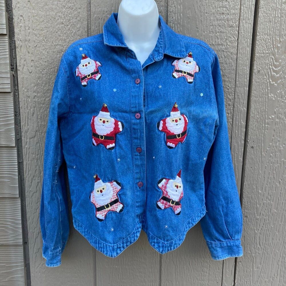 Grandmacore Christmas button down denim shirt women’s size medium santa claus
